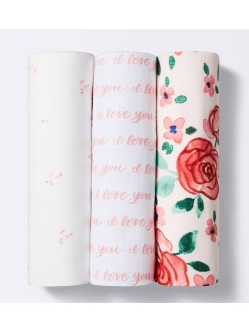 Cloud Island 3-Pack 100% Cotton Muslin Baby Blankets, Floral & Love You Prints,
